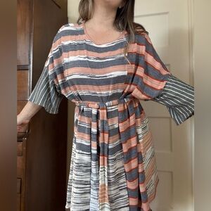 FP Sweater Dress with tie, peach, gray, orange, yellow, white, black stripes